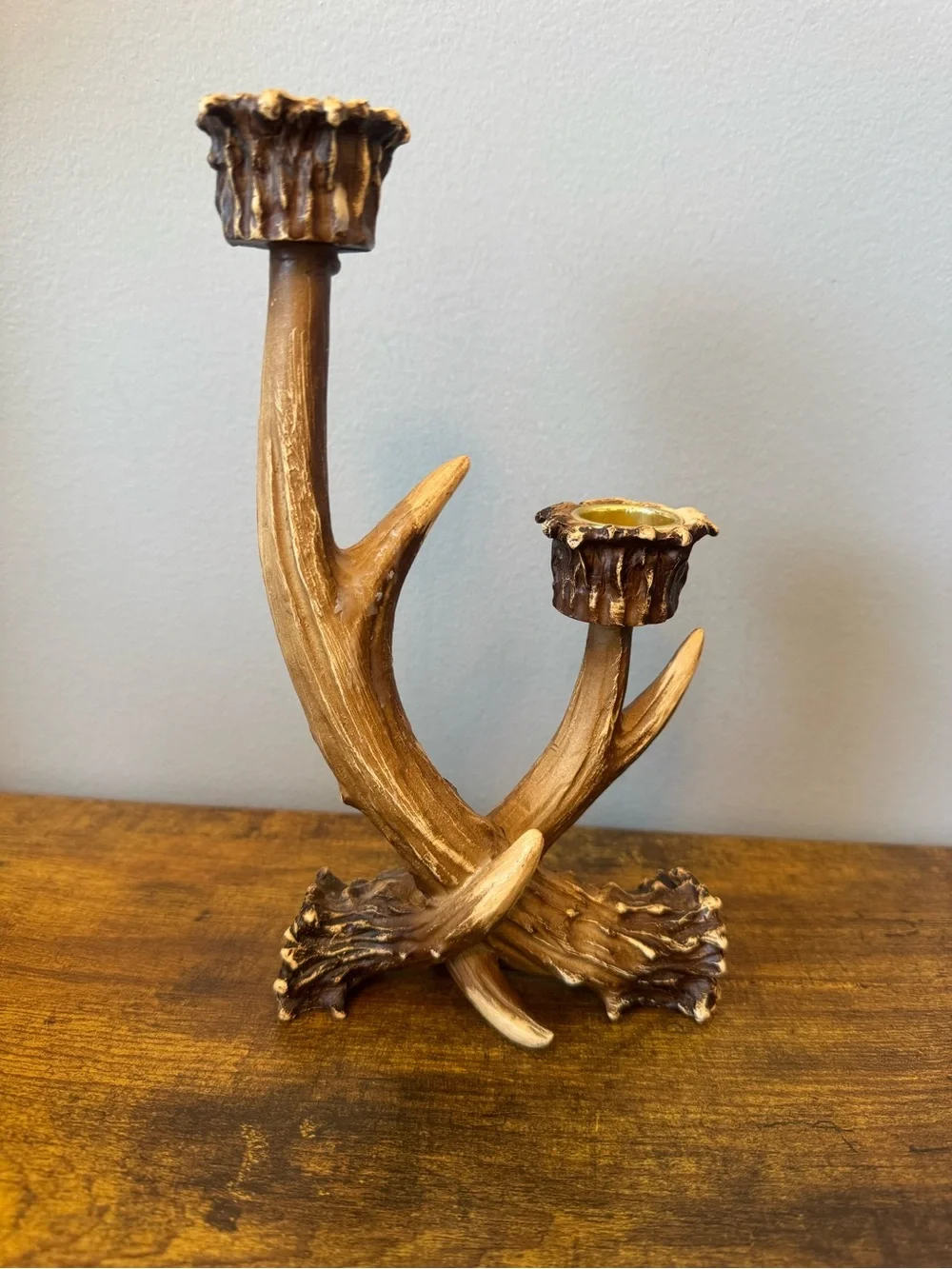 Vintage Faux Antler Double Taper Candle Holder Rustic‎ Deer Lodge Cabin Decor